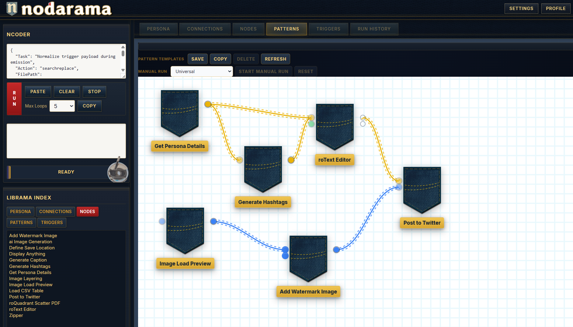 Atelier pattern builder — node workflow