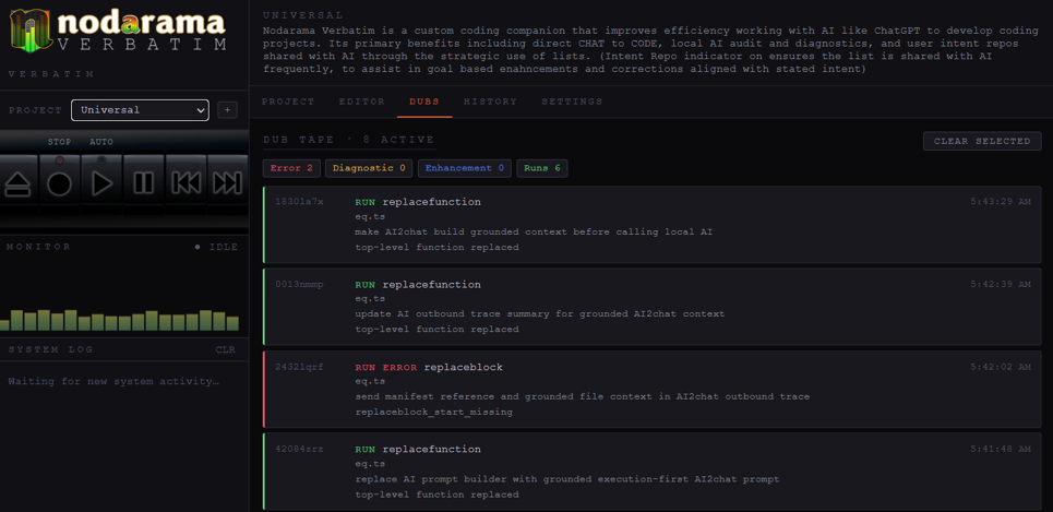 Verbatim intent and project screen