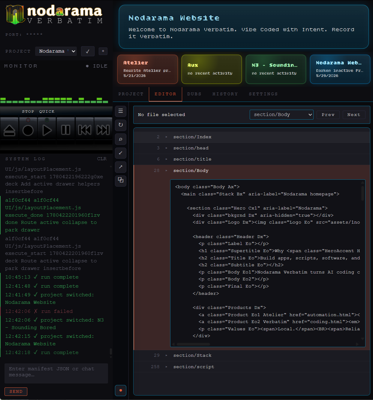 Nodarama Verbatim showing section-level code viewing for smaller AI-assisted code changes